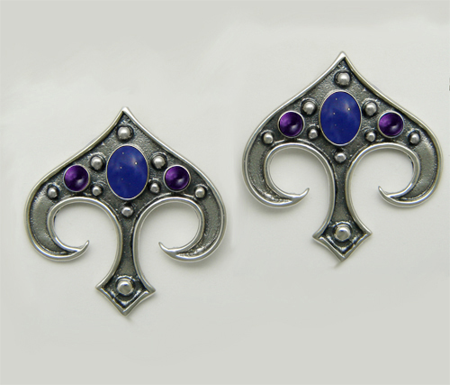 Sterling Silver Gothic Inspired Drop Dangle Earrings With Lapis Lazuli And Amethyst